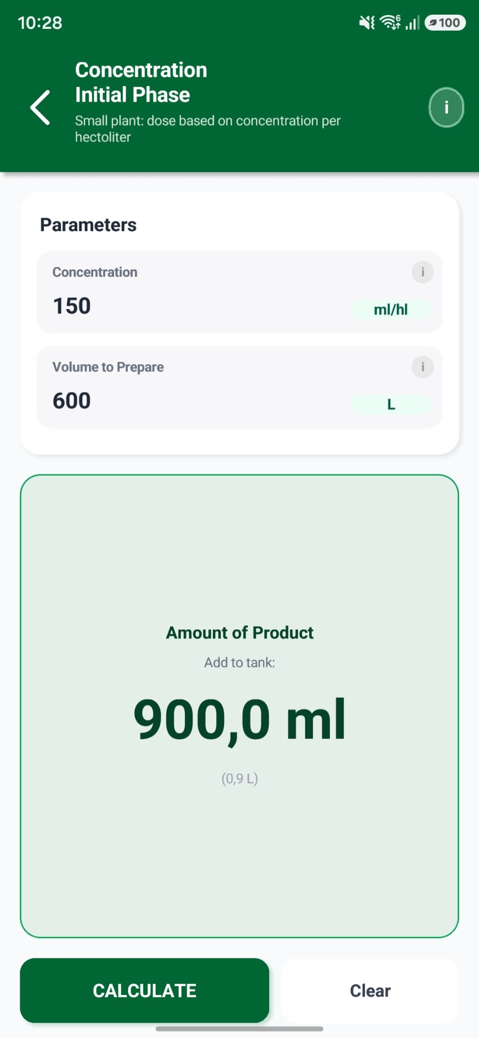 DATERRA Smart calculator screen showing concentration parameters and result.